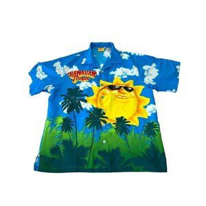 Hawaiian Tropic Aloha Sun Palm Trees Mens Short Sleeve Button Up Shirt M Blue